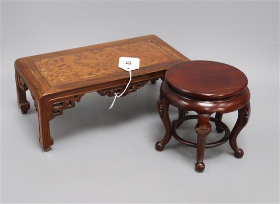 A Chinese cabriole leg wood stand and a rosewood and burr wood stand longest 30.5cm